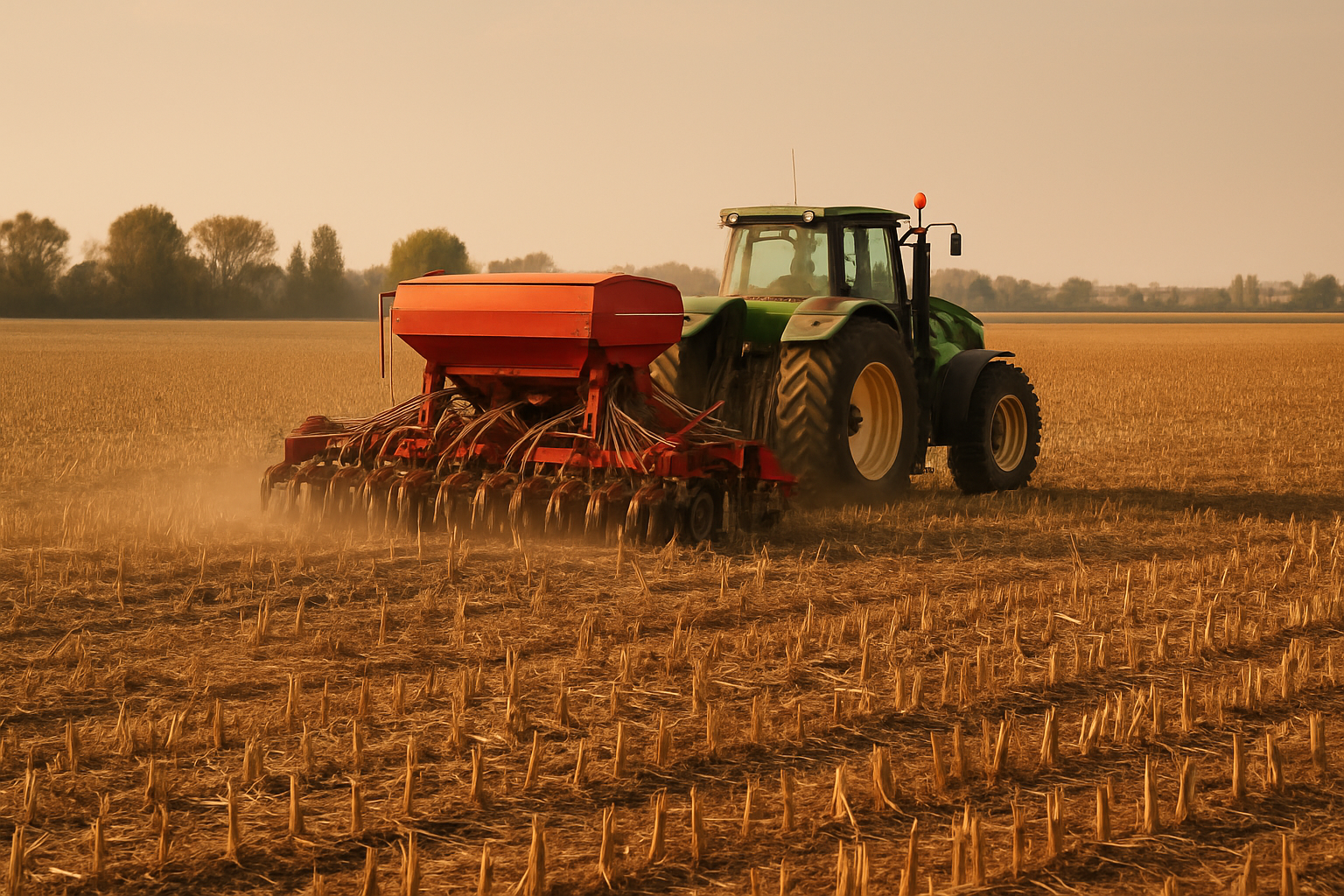 Campo di mais con seminatrice a no-tillage in pianura emiliana, simbolo di agricoltura conservativa e crediti di carbonio.